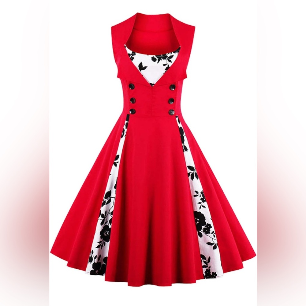 Elegant Red Floral Dress Retro Style Swing Party Dress